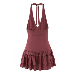 Sexy Halter Tiered Dress Women Summer Sexy Deep V Plunge neck Waist Controlled Slimming