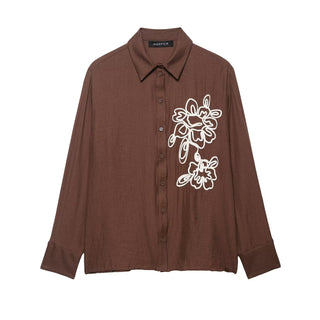 Autumn Women Clothing Commuting Loose Casual Polo Collar Floral Texture Long Sleeve Shirt