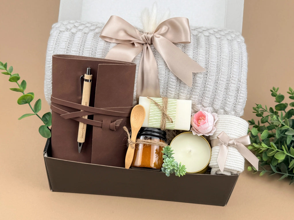 Gift Box For Him – Cozy Night Gift With Leather Notebook, Throw Blanket 50x60 & Bath Salts