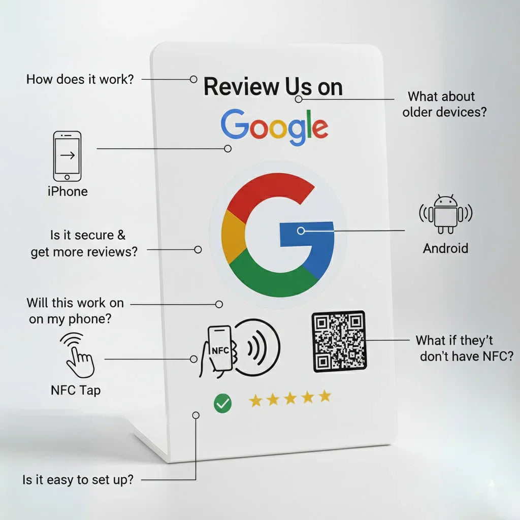 Elegant White NFC Google Review Sign (5-Pack) - Boost SEO Rankings