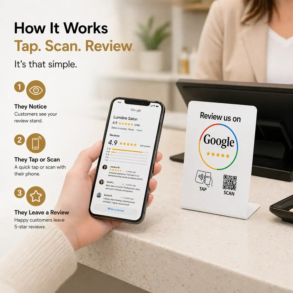 NFC Google Review Stand QR Code White – Tap to Review System Engine