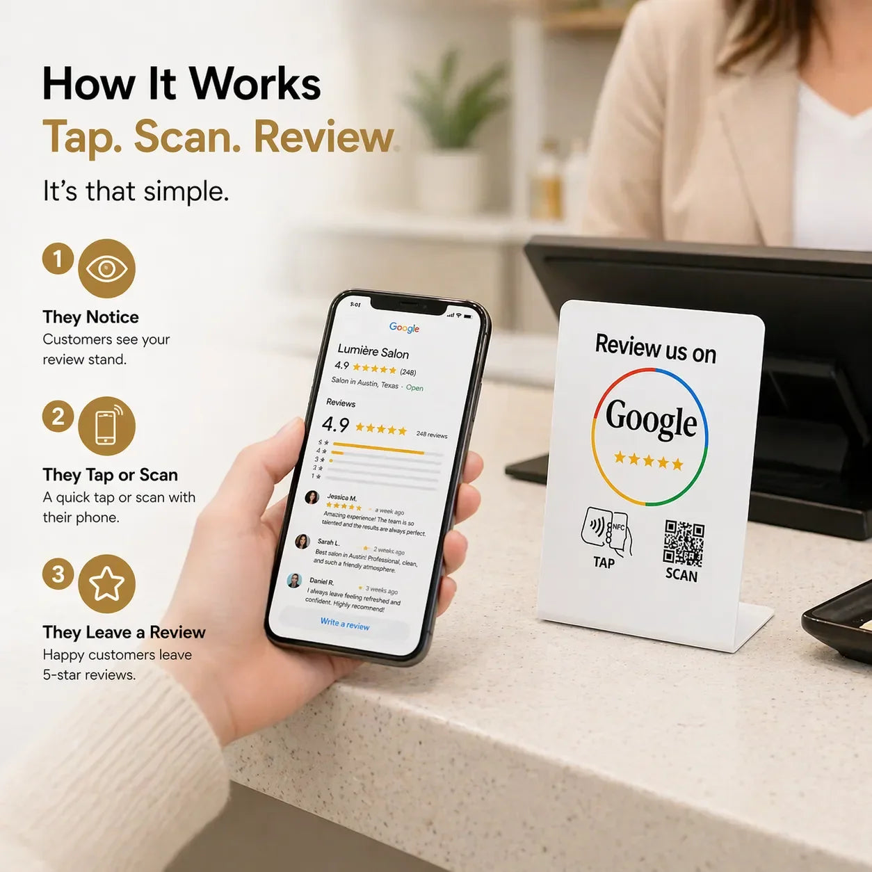 NFC Google Review Stand QR Code White – Tap to Review System Engine