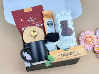 Gourmet Coffee Gift Box for Dad – Mug, Caramel Coffee, Jerky, Shortbread, Socks & Accessories