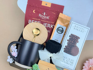Gourmet Coffee Gift Box for Dad – Mug, Caramel Coffee, Jerky, Shortbread, Socks & Accessories