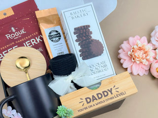 Gourmet Coffee Gift Box for Dad – Mug, Caramel Coffee, Jerky, Shortbread, Socks & Accessories