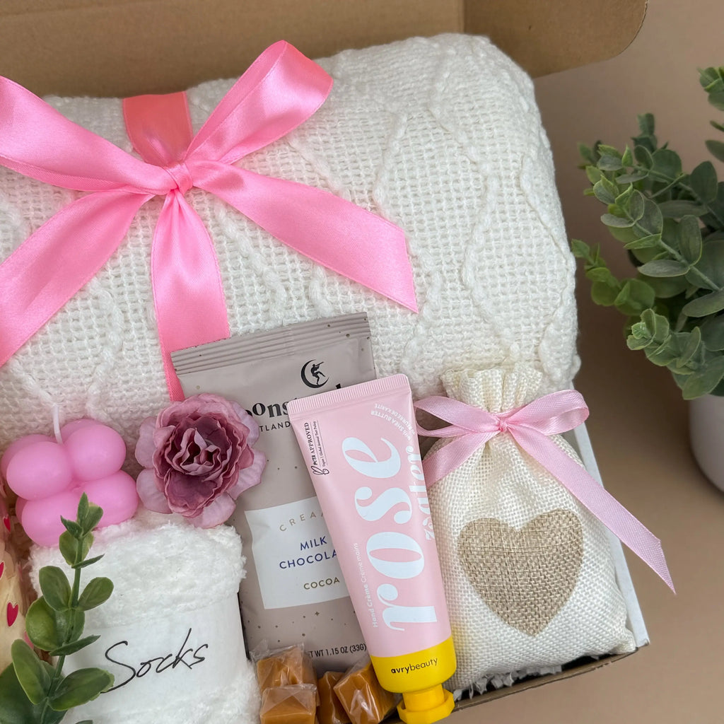 Luxury Self-Care Gift Box – Plush Throw Blanket, Rose Hand Cream & Scented Candle Gift
