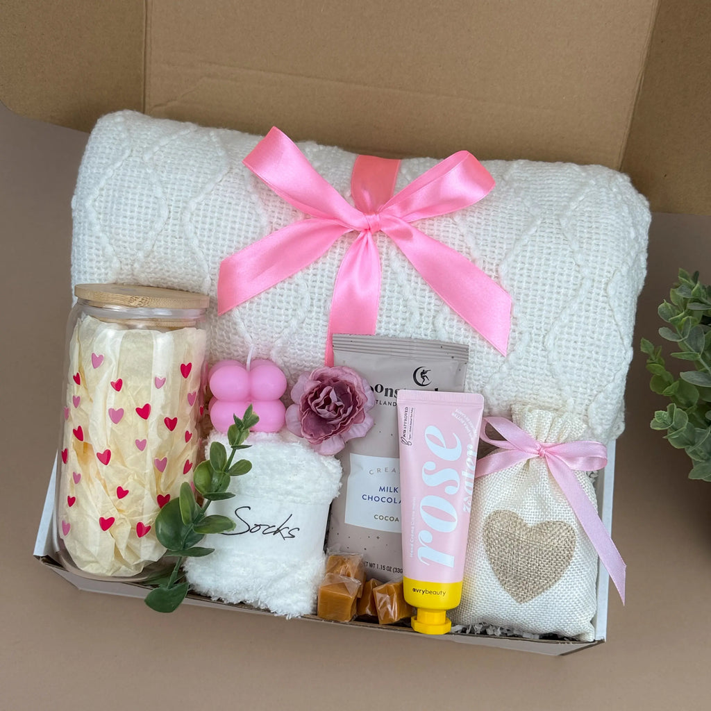 Luxury Self-Care Gift Box – Plush Throw Blanket, Rose Hand Cream & Scented Candle Gift