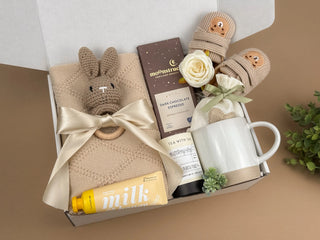 New Mom Gift Set – Knitted Baby Blanket, Crochet Bunny Rattle & Self-Care Treats