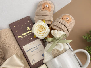 New Mom Gift Set – Knitted Baby Blanket, Crochet Bunny Rattle & Self-Care Treats