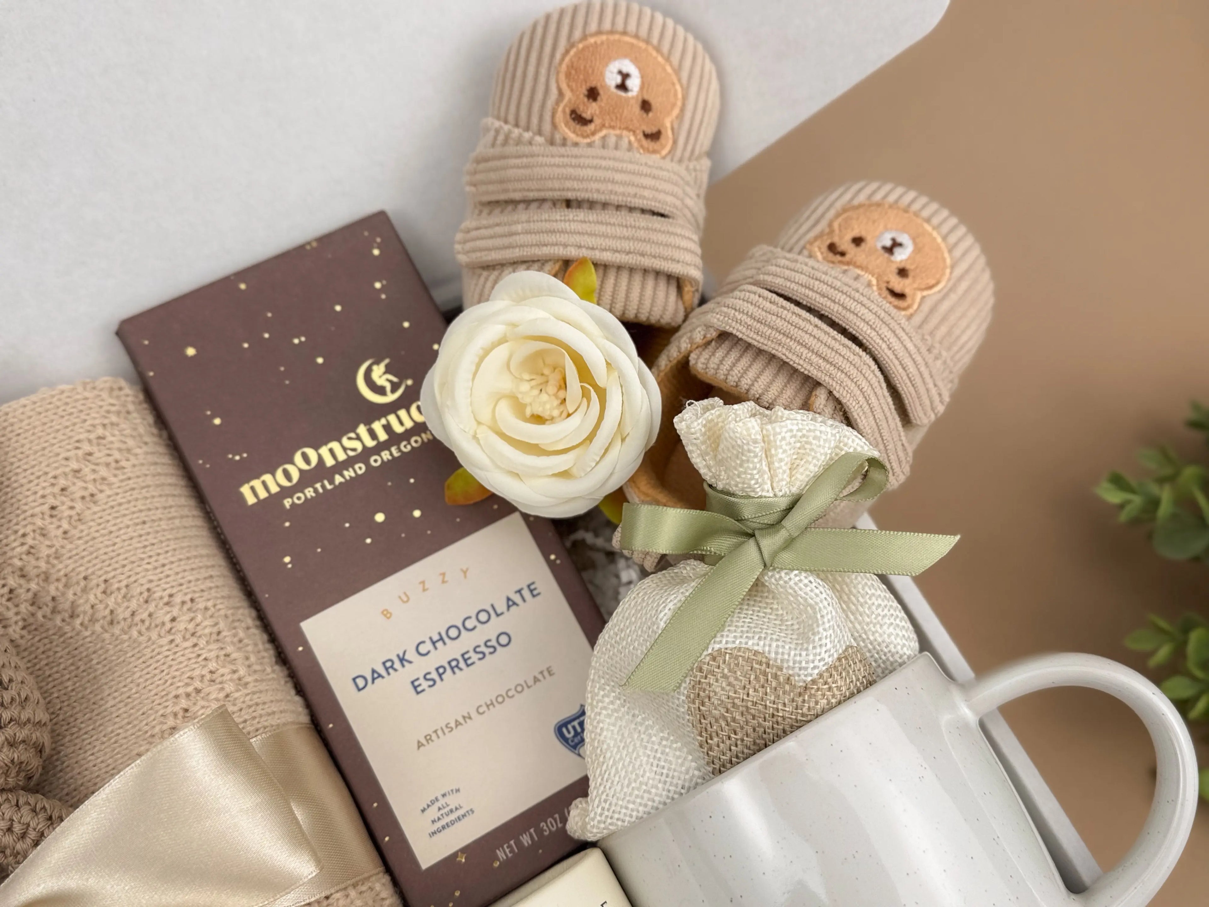 New Mom Gift Set – Knitted Baby Blanket, Crochet Bunny Rattle & Self-Care Treats