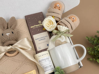 New Mom Gift Set – Knitted Baby Blanket, Crochet Bunny Rattle & Self-Care Treats