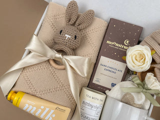 New Mom Gift Set – Knitted Baby Blanket, Crochet Bunny Rattle & Self-Care Treats