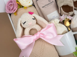 Newborn Gift Set – Baby Blanket, Handmade Bunny Rattle & Cozy Treats for Mom