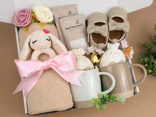 Newborn Gift Set – Baby Blanket, Handmade Bunny Rattle & Cozy Treats for Mom
