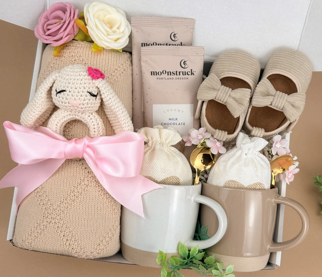 Newborn Gift Set – Baby Blanket, Handmade Bunny Rattle & Cozy Treats for Mom