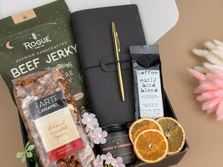 Gift Baskets for Men – Leather Journal, Coffee & Snacks