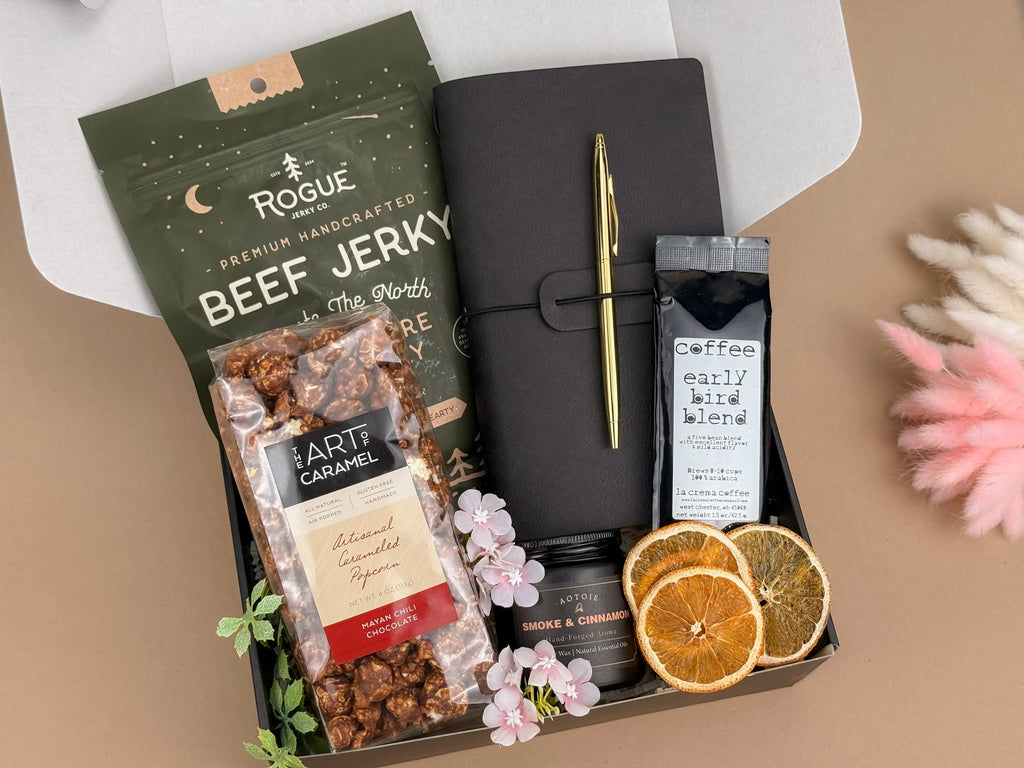 Gift Baskets for Men – Leather Journal, Coffee & Snacks