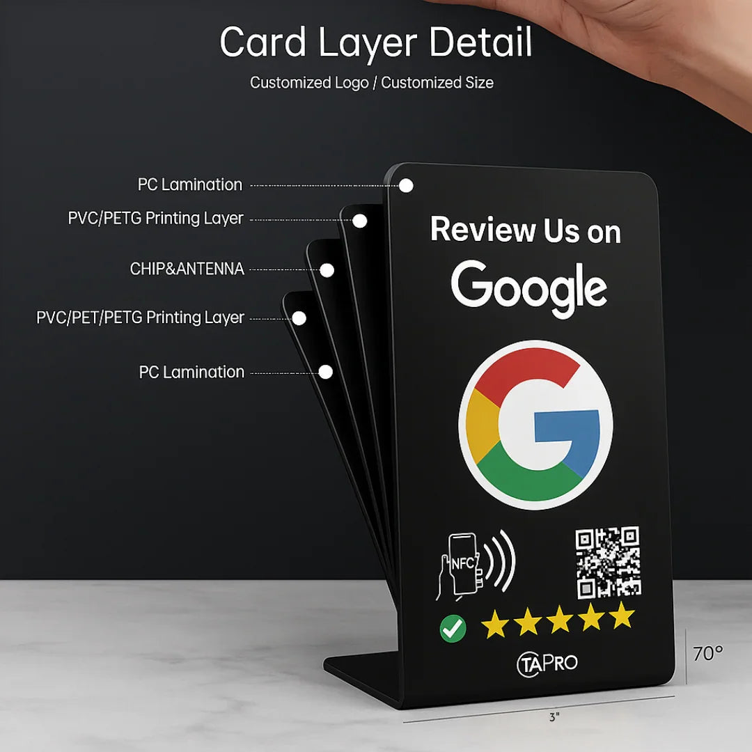 Matte Black Google Review Table Tents (5-Pack) - No Monthly Fees