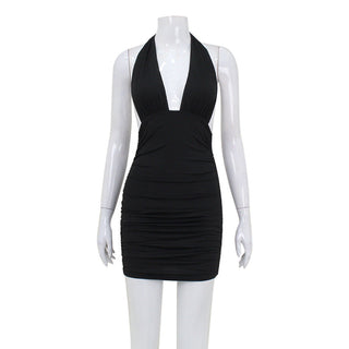 Women Sexy V neck Halter Backless Dress Elegant Pure Sexy Hip