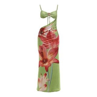 Floral Spaghetti Dress-Midi floral spaghetti dress featuring a sexy asymmetric design and vibrant floral pattern.