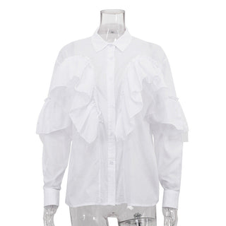French Design Ruffled White Shirt Women Autumn Polo Collar Long Sleeve Office All Match Top