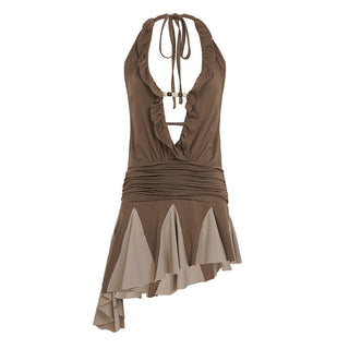 Sexy Waste Soil Deep V Plunge Wooden Ear Strap Halter Dress Backless Pleated Irregular Asymmetric Dress