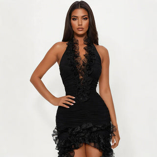 Halter Sexy Deep V Plunge Sheath Solid Color Dress for Women Ruffles Tassel Dress