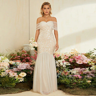 Off Shoulder Light Wedding Dress French Lace Fishtail Wedding Veil Simple Graceful Super Fairy Mori Welcome Dinner Dress