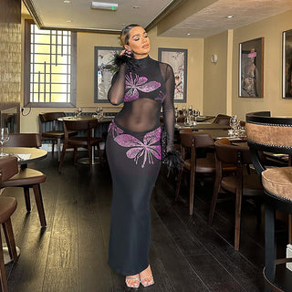 Gray Rhinestone Dress Autumn Sexy See through Sheath Dress