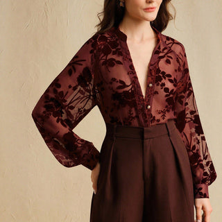 Autumn Women Clothing Elegant Tencel Flocking Shirt Long Sleeve