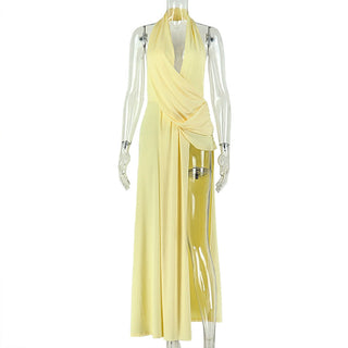 Backless Casual Women Pleated Halter Sexy Hip Home V neck Solid Color Dress
