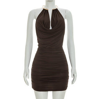 Women Clothing Summer Sleeveless Eyelet Halter Swing Collar Tight Dress