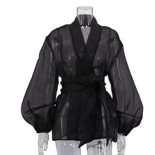 Spring French Black See through Shirt Women Puff Sleeve V neck Lace up Top