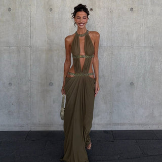 Solid Color Stitching Hollow Out Cutout Backless Sequ Dress Net Women Yarn Vacation Maxi Dress