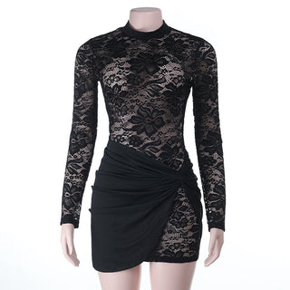 Autumn Lace Sexy See through Hollow Out Cutout round Neck Long Sleeve Narrow Dress