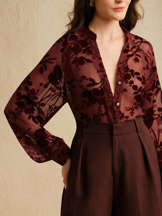 Autumn Women Clothing Elegant Tencel Flocking Shirt Long Sleeve