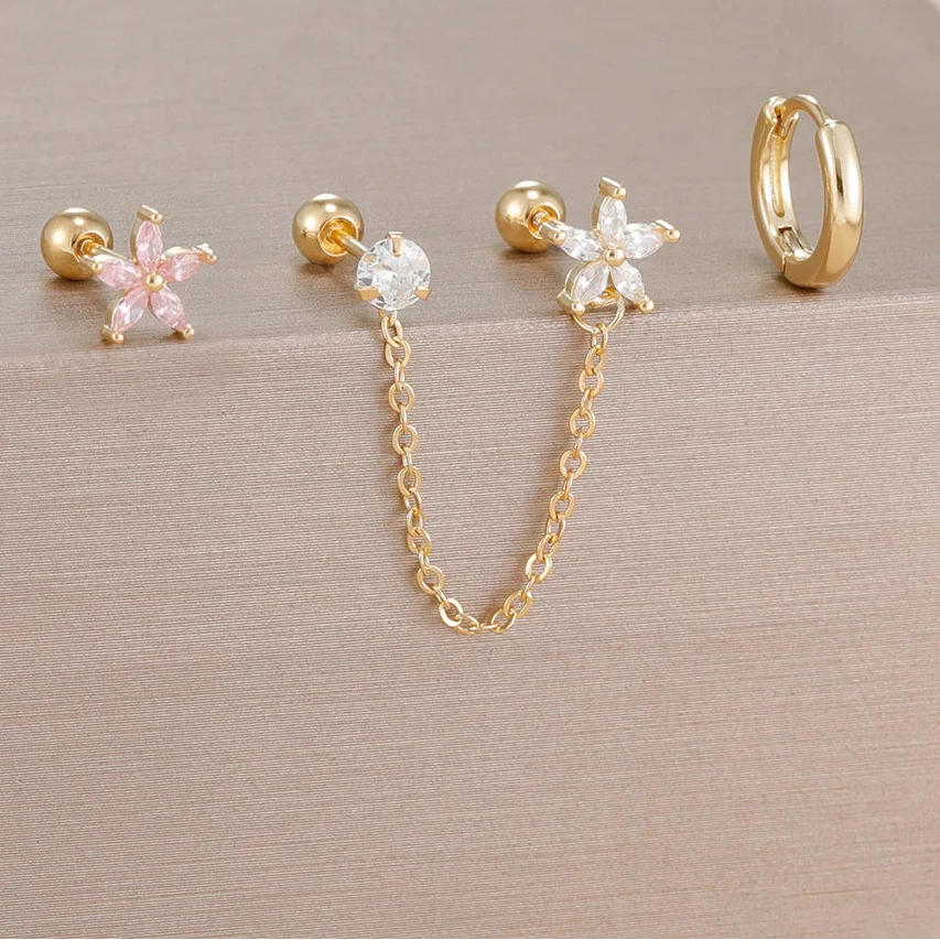 3PCS Zircon Flower Ear Stud Earrings