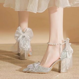 Women's Summer Shoes Wedding Party Versatile Woman High Heels Sandals Sweet Princess Beading Ankle-strap Ladies Dress Sandals