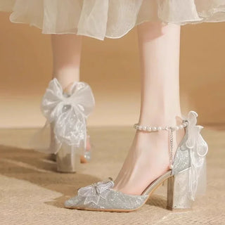 Women's Summer Shoes Wedding Party Versatile Woman High Heels Sandals Sweet Princess Beading Ankle-strap Ladies Dress Sandals