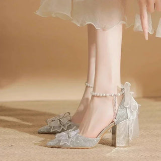 Women's Summer Shoes Wedding Party Versatile Woman High Heels Sandals Sweet Princess Beading Ankle-strap Ladies Dress Sandals