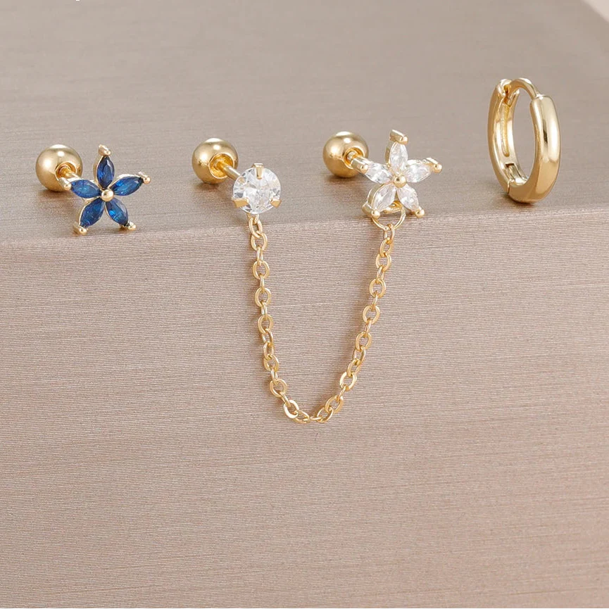 3PCS Zircon Flower Ear Stud Earrings