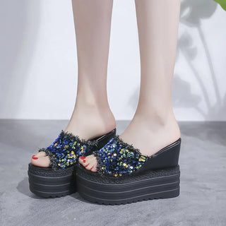 Crystals Wedges High Heels Slippers Leisure Summer Sandal Woman Shoes Women Platform Mules Slippers Slip on Outside Pantuflas