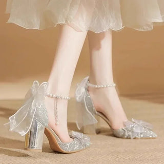 Women's Summer Shoes Wedding Party Versatile Woman High Heels Sandals Sweet Princess Beading Ankle-strap Ladies Dress Sandals