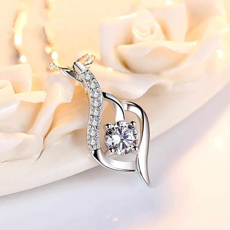925 Silver Feather Zircon Pendant Necklace