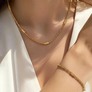 Gold Box Chain Jewelry Set, Stainless Steel Necklace & Bracelet Set, Non-tarnish Minimalist Daily Wear