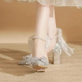 Women's Summer Shoes Wedding Party Versatile Woman High Heels Sandals Sweet Princess Beading Ankle-strap Ladies Dress Sandals