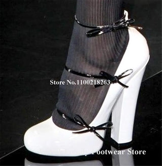 Elegant Straps Bowtie Chunky Heel Pumps Round Toe Black White Patent Leather Patchwork Thick Heel Party Heels Wedding Shoes