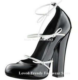 Elegant Straps Bowtie Chunky Heel Pumps Round Toe Black White Patent Leather Patchwork Thick Heel Party Heels Wedding Shoes