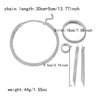 Exquisite Zircon Tennis Bracelet Choker Necklace for Women Full Rhinestone Dangle Earrings and Ring Wedding Party Jewelry Set