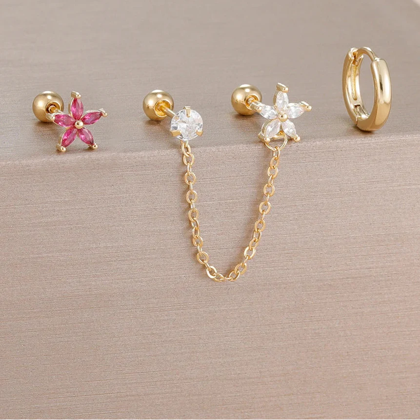 3PCS Zircon Flower Ear Stud Earrings